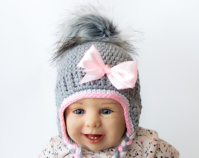 Crochet gray and pink Baby girl pom pom hat with bow, Girls earflap hat, Newborn girl hat, Baby girl gift, Preemie to adult sizes