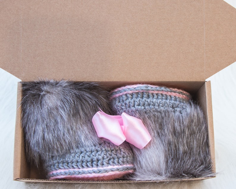 Gray and pink fur booties, Newborn girl shoes, Preemie girl shoes, Crochet slippers, Baby girl gift, Baby girl shoes, Baby girl boots, Uggs image 10