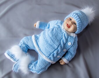 Baby boy coming home outfit, Knitted Baby Outfit, Baby boy layette set, Baby Hand knit clothes, Baby take home outfit, Blue baby outfit