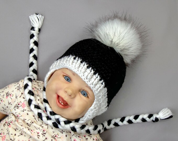 Crochet Black and white earflap hat with fur pom pom, Kids Hat, Unisex hat, Baby boy hat, Newborn hat, Gender neutral hat, Toddler hat