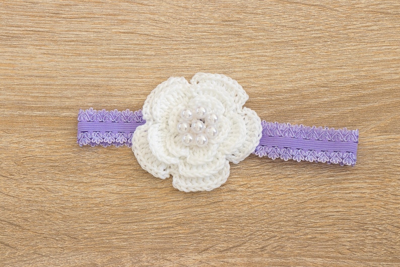 Baby shower gift Purple and white Baby Girl flower Headband Crochet headband Baby girl gift- Newborn Headband Purple baby headband