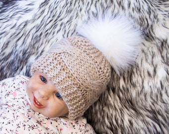 Beige pom pom hat, Cable Knit hat, Kids hat, Baby winter hat, Fur pom hat, Knitted winter hat, Hand knit Hat, Newborn hat, Gender neutral