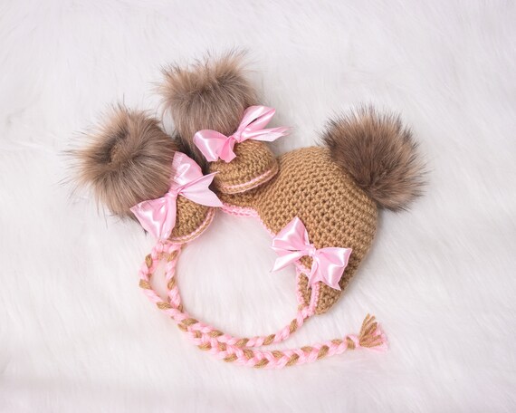 Baby Girl Fur Pom Pom Hat And Booties With Bows Newborn Girl Etsy