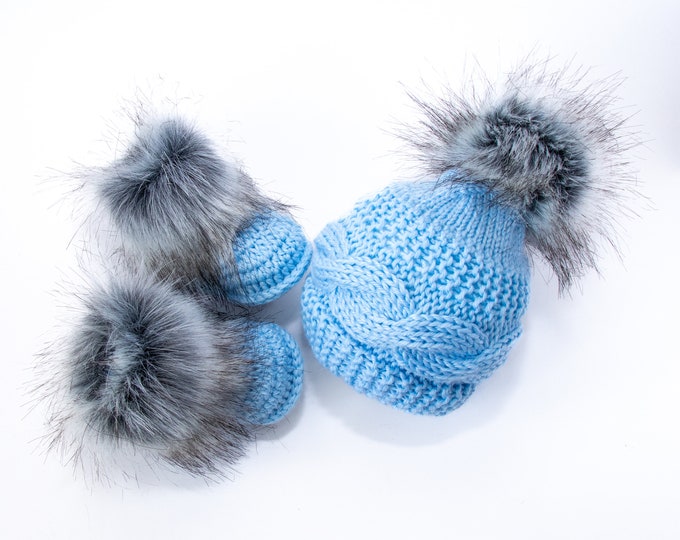Hand Knitted Baby Boy hat and crochet booties set, Baby boy hat, Faux Fur booties, Knitted hat, Crochet Booties, Baby boy gift