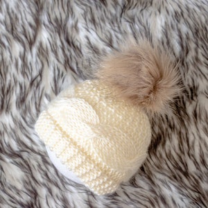 Cream hand knitted hat with faux fur pom pom, Teen-adult hat, Baby hat, Toddler hat, Winter hat, Gender neutral hat, Newborn hat, Unisex hat image 7