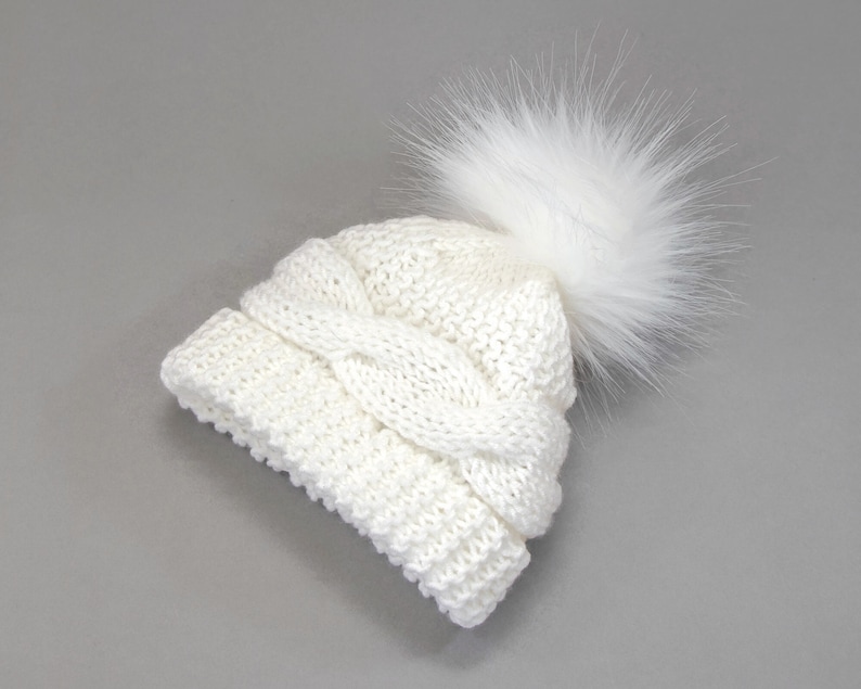 White hand knitted baby fur pom pom hat, Faux fur booties, Baby winter clothes, Baby shower gift, Gender neutral Newborn outfit, Preemie set image 2