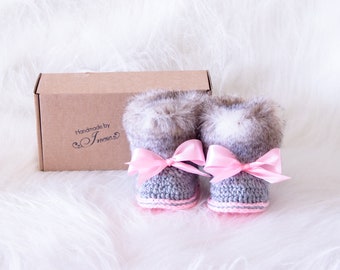 Pink and gray Baby girl booties, Crochet booties, Baby girl gift, Preemie girl Fur Booties, Newborn girl shoes, Ugg style, Baby shower gift