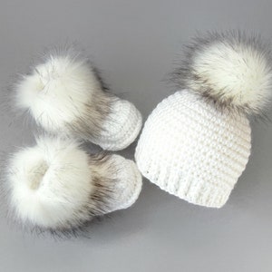 White Booties and Hat set, Faux fur booties, Fur pom pom hat, Hat and Booties set, Gender Neutral Baby Shower Gift, Baby winter clothes image 1