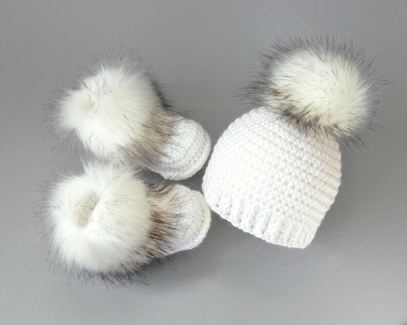 White Booties and Hat set, Faux fur booties, Fur pom pom hat, Hat and Booties set, Gender Neutral Baby Shower Gift, Baby winter clothes image 1
