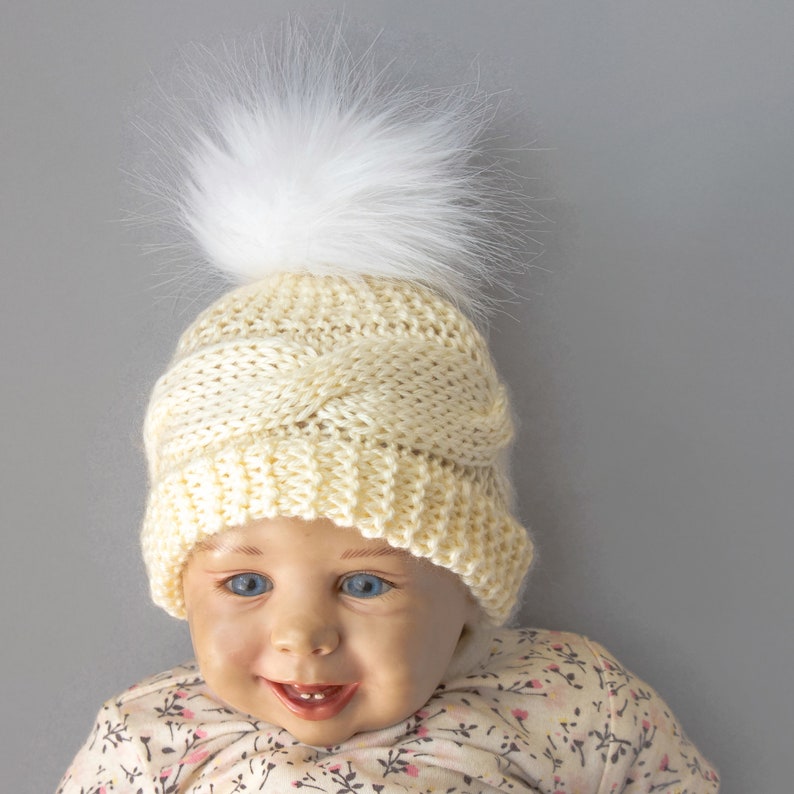 Cream hand knitted hat with faux fur pom pom, Teen-adult hat, Baby hat, Toddler hat, Winter hat, Gender neutral hat, Newborn hat, Unisex hat image 1