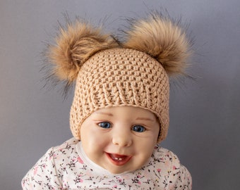 Golden brown Double pom pom hat, Fur Pom pom hat, Gender neutral hat, Winter hat, Baby Hat, Kids hat, Baby beanie, Crochet hat