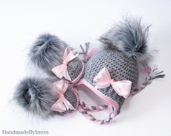 Baby girl Hat and Booties set, Hat and boots with bows, Baby Girl clothes, Newborn girl clothes, Baby girl gift, Preemie girl clothes