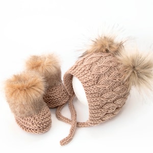 Beige hand knitted Double pom pom baby hat, Faux Fur booties, Baby bonnet and booties, Baby gift, Infant shoes, Infant hat, Preemie outfit