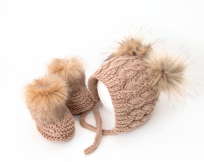 Beige hand knitted Double pom pom baby hat, Faux Fur booties, Baby bonnet and booties, Baby gift, Infant shoes, Infant hat, Preemie outfit