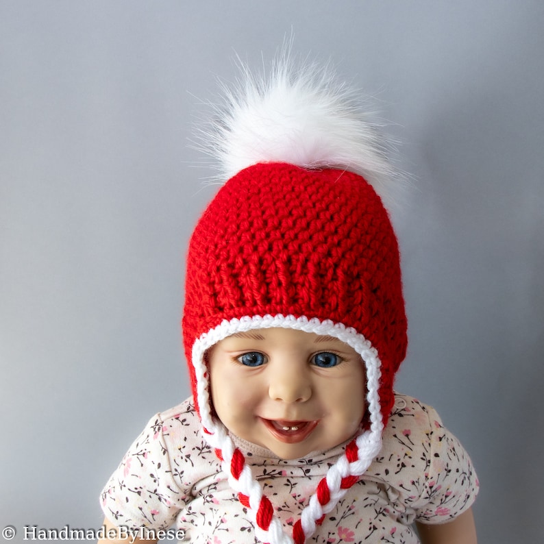 Christmas hat, Crochet baby hat, Earflap hat, Fur pom hat, Winter hat, Baby photo prop Hat, Kids hat, Newborn hat, Red and white Preemie hat image 3