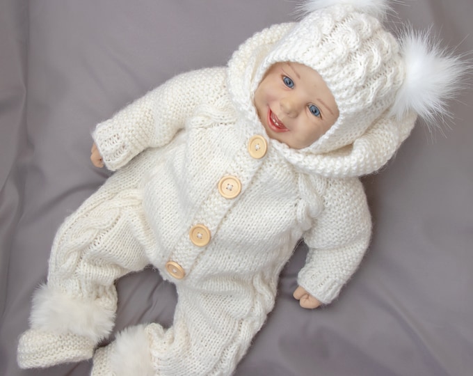 White Hand knitted Baby home coming outfit, Baby Romper, Baby jumpsuit set, Hooded Overall, hat and booties, Newborn take home outfit