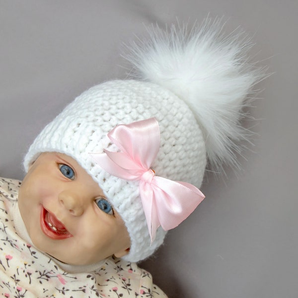 White Baby girl hat, Baby girl pom pom hat, Preemie hat, Crochet baby girl hat, Newborn girl bow hat, Baby girl gift, Baby Girl winter hat