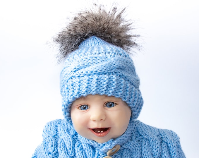 Hand knitted baby boy pom pom hat, Newborn boy hat, Preemie boy hat, Boys winter hat