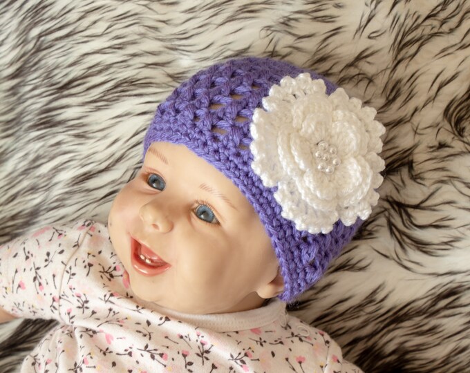 Purple Baby Hat - Baby girl hat - Baby beanie - Crochet Baby hat - Flower Hat - Newborn Girl Hat  - Baby Girl Beanie - Baby Girl Clothes