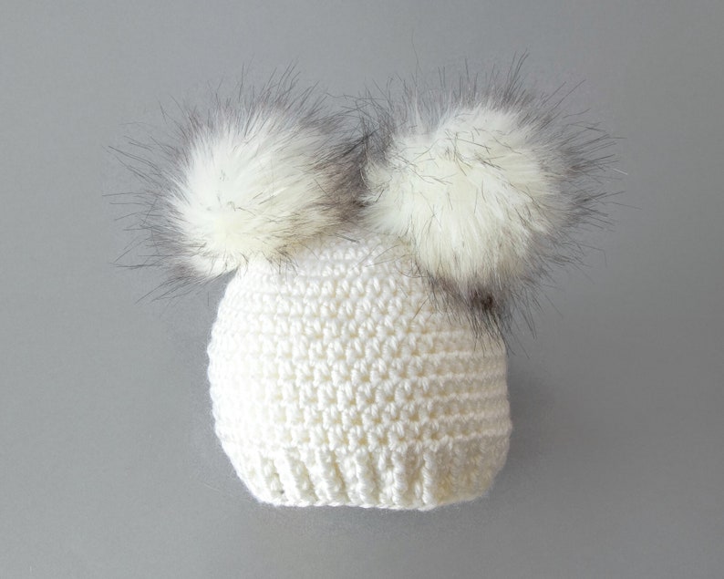 White double pom pom hat, Faux Fur pom pom beanie, Toddler hat, Neutral baby hat, Winter hat, Baby Hat, Kids hat, Baby beanie image 2