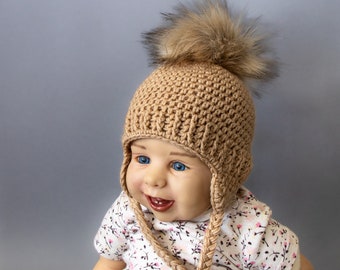 Golden brown crochet earflap hat with fur pom pom, Gender neutral hat, Baby winter hat, Preemie hat, Baby hat, Newborn hat, Preemie to adult