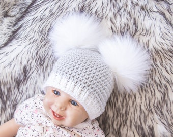 Faux fur double pom pom beanie, Gray pom pom hat, Preemie hat, Winter hat, Toddler beanie, Bobble hat, Newborn beanie, Unisex Adult beanie