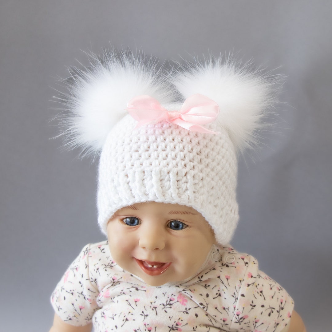 White Baby Girl Double Pom Pom Hat With Bow, Preemie Hat, Crochet Baby Girl Hat, Newborn Girl