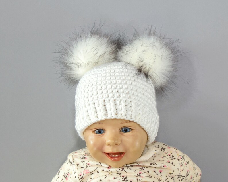 White double pom pom hat, Faux Fur pom pom beanie, Toddler hat, Neutral baby hat, Winter hat, Baby Hat, Kids hat, Baby beanie image 1