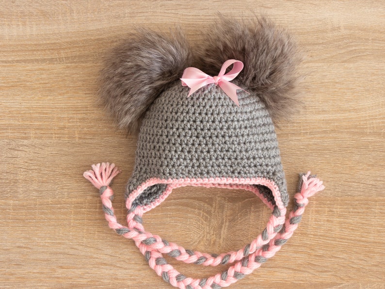 Gray and Pink Double pom hat with bow Newborn girl hat Baby Etsy