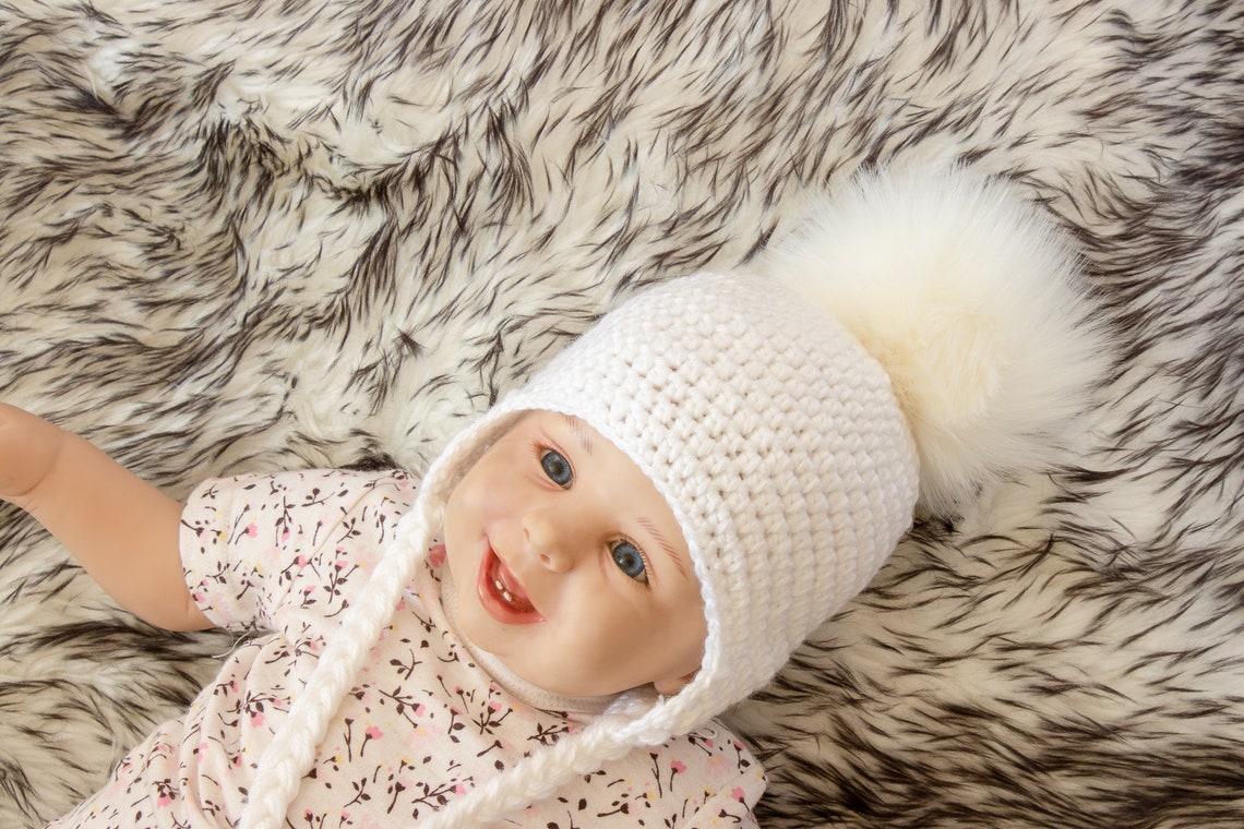 White Baby Hat Pom Pom Hat Baby Pom Hat Crochet Fur Pom Pom Etsy