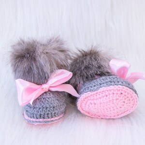 Gray and pink fur booties, Newborn girl shoes, Preemie girl shoes, Crochet slippers, Baby girl gift, Baby girl shoes, Baby girl boots, Uggs image 8