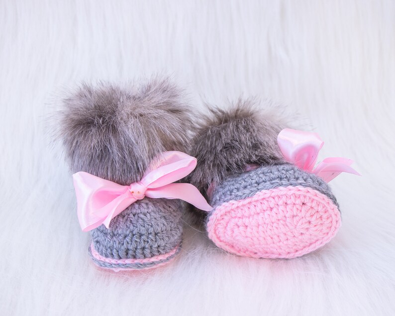 Gray and pink fur booties, Newborn girl shoes, Preemie girl shoes, Crochet slippers, Baby girl gift, Baby girl shoes, Baby girl boots, Uggs image 8