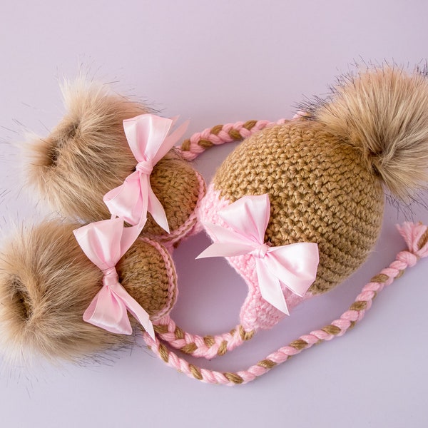 Baby girl earflap hat and booties with bows, Newborn Girl pom hat and booties set, Baby winter clothes, Baby girl gift, Preemie girl clothes