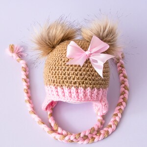 Double pom hat with bow Ereflap hatNewborn girl hat Baby image 2