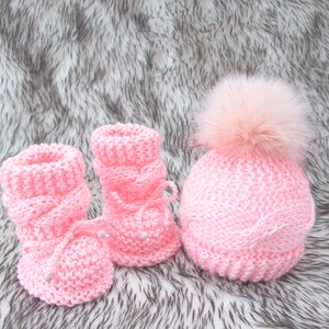 Pink Baby Booties and hat, Knitted Baby Hat, Knitted Baby Booties, Baby girl outfit, Baby girl booties, Baby girl beanie, Baby girl gift image 4