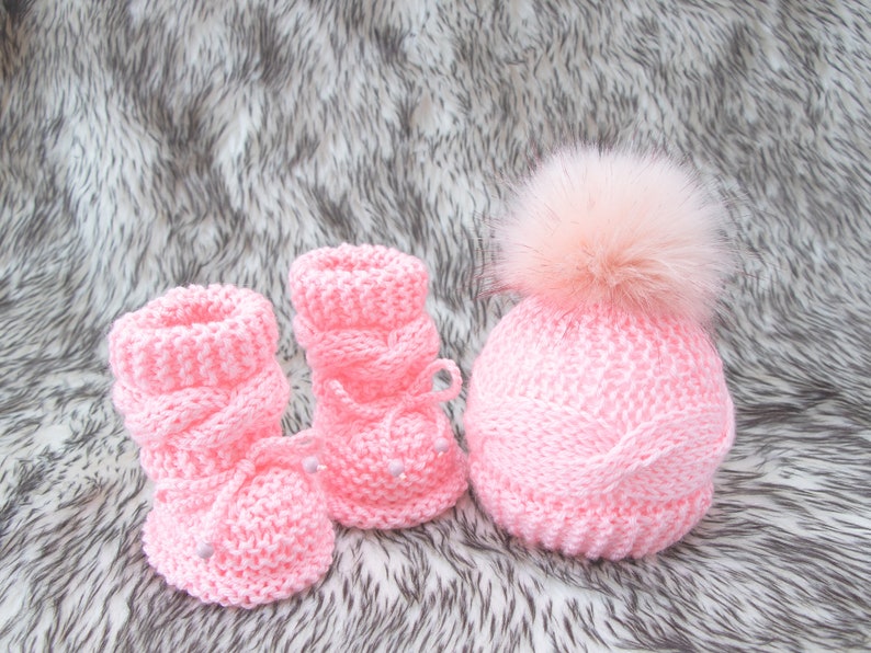 Pink Baby Booties and hat, Knitted Baby Hat, Knitted Baby Booties, Baby girl outfit, Baby girl booties, Baby girl beanie, Baby girl gift image 4