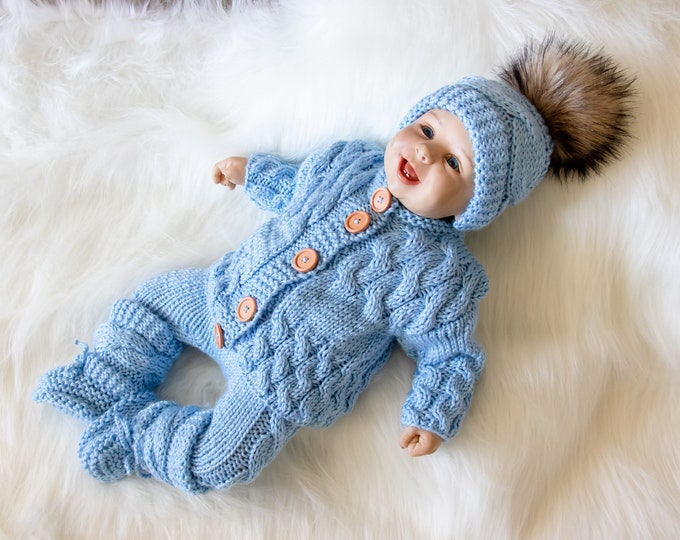 Baby boy coming home outfit, Blue outfit, Knitted baby clothes, Newborn boy clothes, Take home outfit, Baby knitwear, Hand knit baby clothes