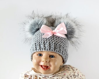 Gray and pink Baby girl double pom pom hat, Preemie hat, Crochet baby girl hat, Newborn girl winter hat, Baby girl gift, Baby girl beanie