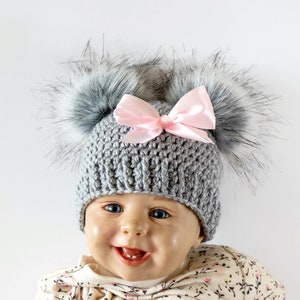 Gray and pink Baby girl double pom pom hat and bootie set, Newborn Girl gift, Baby girl winter clothes, Preemie girl clothes, Fur booties image 2