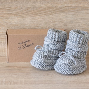 Gray baby booties, Unisex Baby Booties, Knitted booties, Baby boy booties, Baby Hand Knitted Booties, Cable knit baby boots, Infant booties image 2