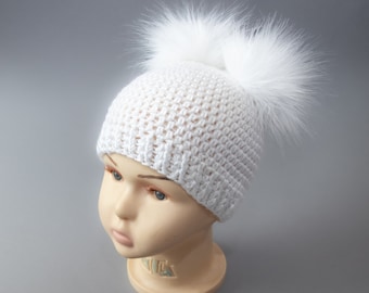 White Double Pom hat, Fur Pom pom hat, Bobble hat, Winter hat, Baby Hat, Teens hat, Unisex Adult beanie, Toddler Winter beanie