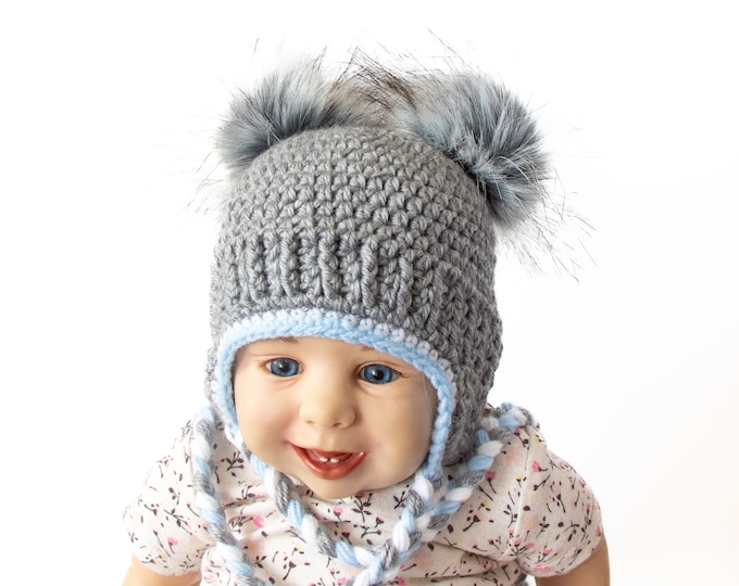 Crochet boys Double pom hat, Newborn hat, Baby boy hat, Crochet earflap hat, Fur pom hat, Toddler boy hat, Baby boy gift