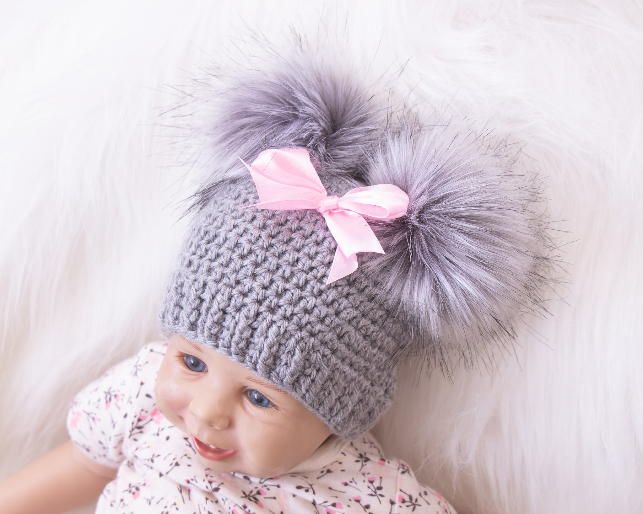Two Seaside Babes Raspberry Pink Double Pom Beanie | Winter Hat for Baby, Toddler, Child, Women 4T - Preteen