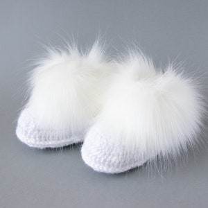 White hat and bootie set, Double pom pom hat, Faux fur booties, Unisex baby gift, Gender neutral baby winter outfit, Sizes up to 24 months image 2