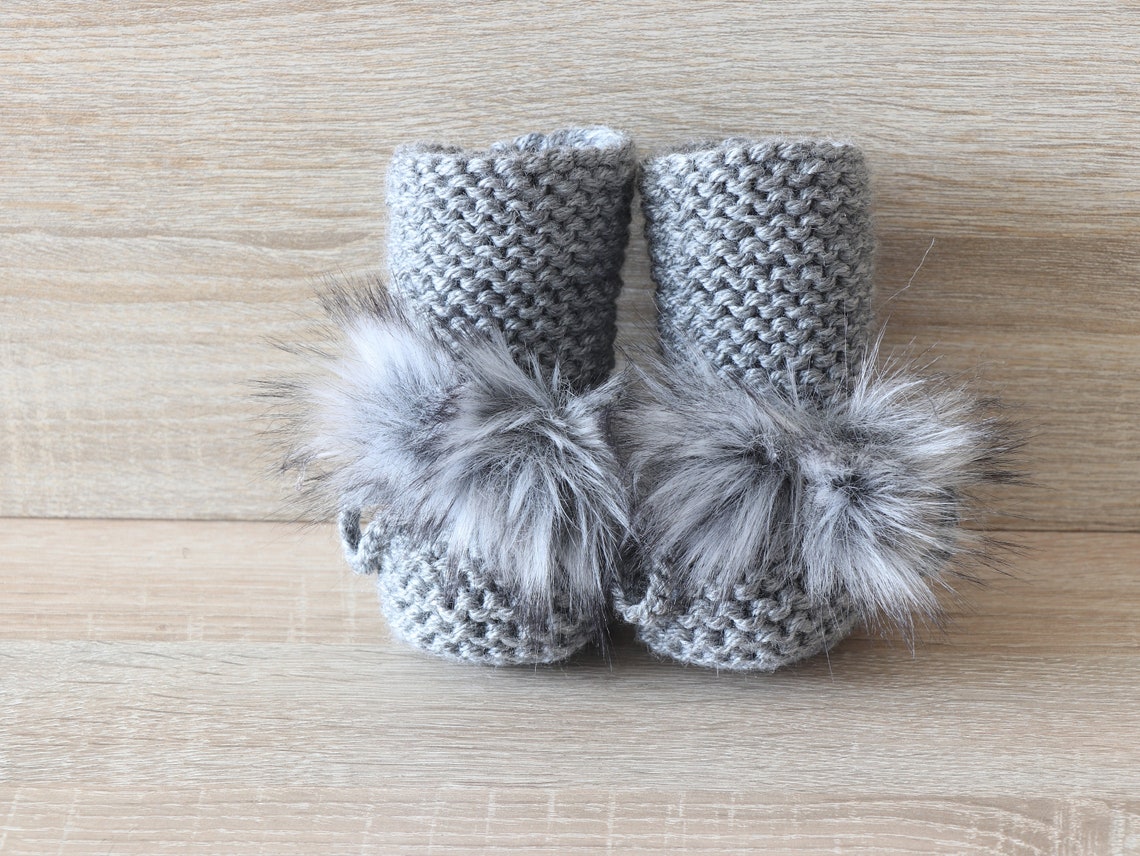 Baby Booties With Pom Poms Gray Booties Knitted Booties Etsy