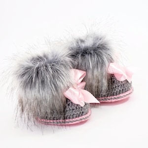 Gray and pink Baby girl double pom pom hat and bootie set, Newborn Girl gift, Baby girl winter clothes, Preemie girl clothes, Fur booties image 9