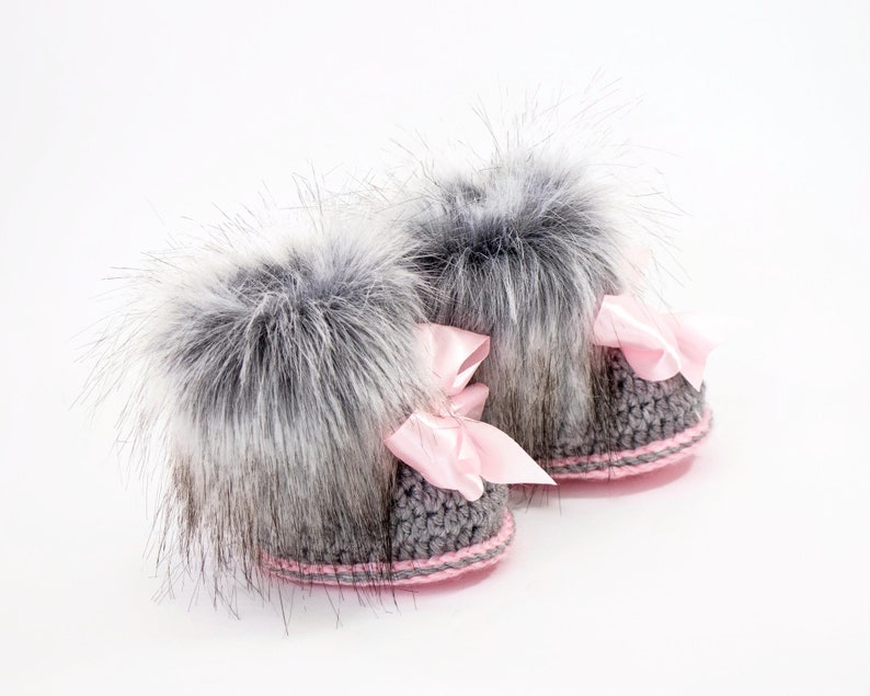 Gray and pink Baby girl double pom pom hat and bootie set, Newborn Girl gift, Baby girl winter clothes, Preemie girl clothes, Fur booties image 9