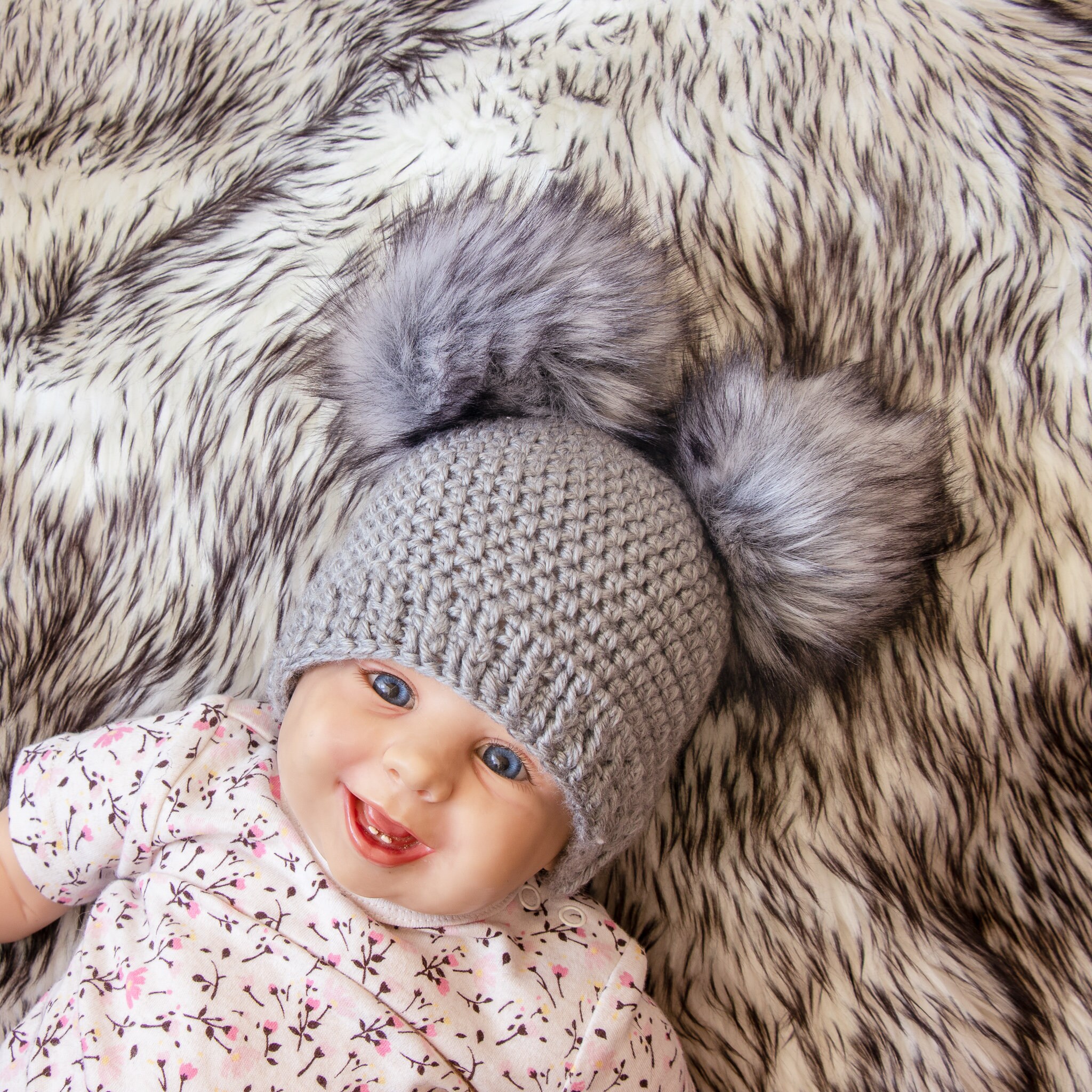 Crochet Pom Pom Beanie Fur Pom Beanie Gray Pom Etsy