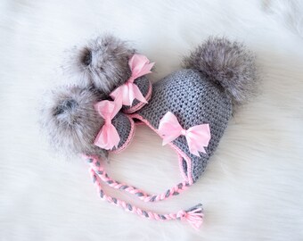Baby girl Hat and Booties set, Hat and boots with bows, Baby Girl clothes, Newborn girl clothes, Baby girl gift, Preemie girl clothes