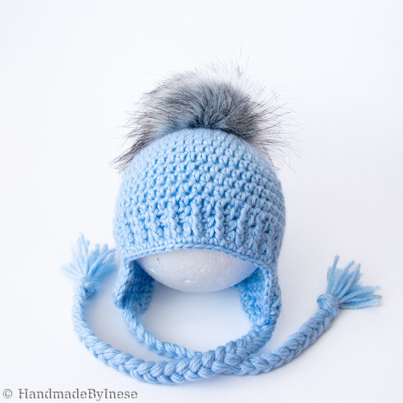 Crochet Baby Boy Earflap hat with fur Pom pom Infant boy hat image 2